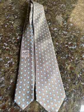 Hermes Beige and Light Blue Geometric Silk Tie